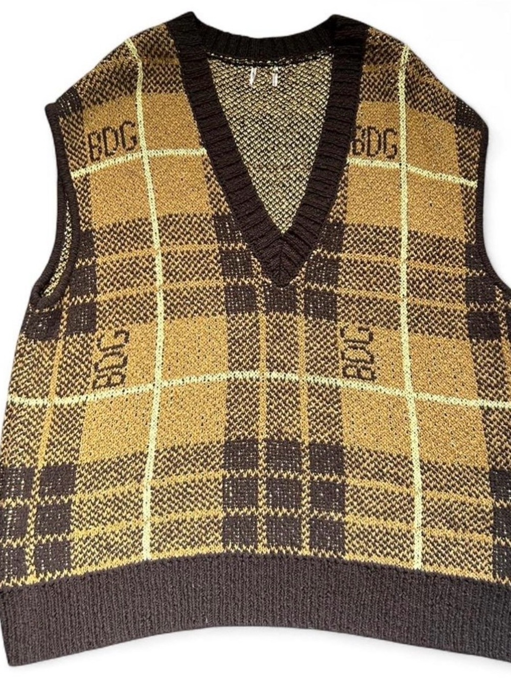 BDG Men's Brown & Mustard Plaid V-Neck Sweater Vest